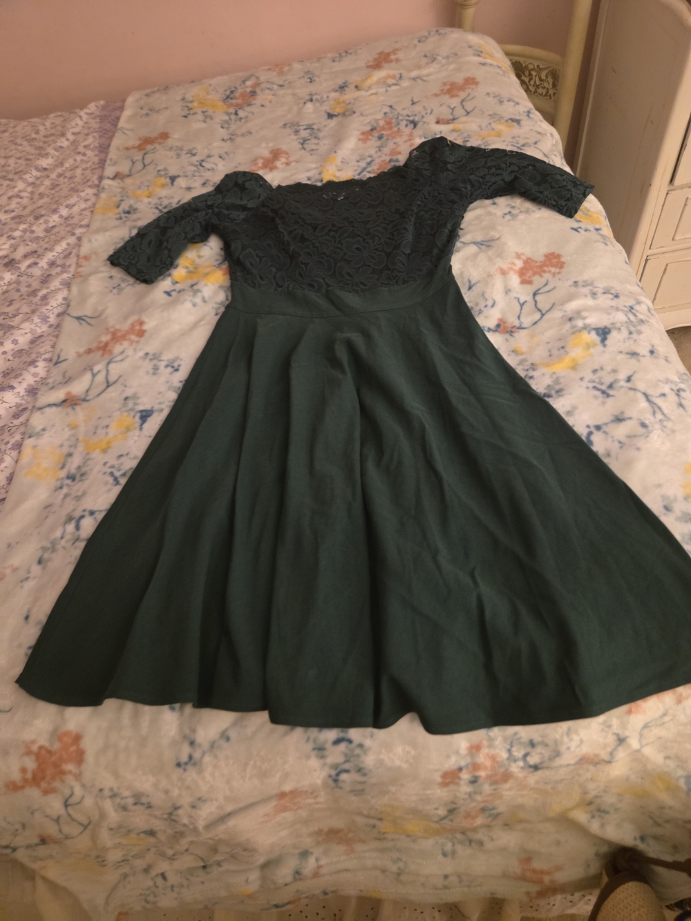 Dark Green Lace Bodice Fit-and-Flare Dress